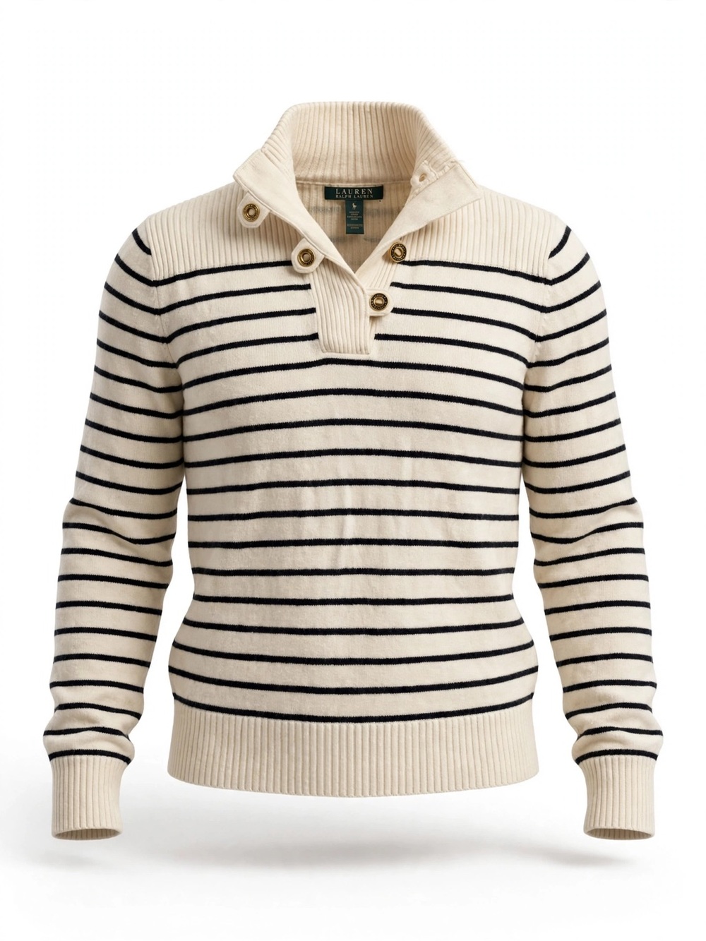 Ralph Lauren Cream & Navy Striped Zip-Up Shawl Collar Sweater